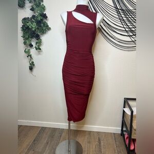Nasty Gal Red Asymmetrical Ruched Midi Dress